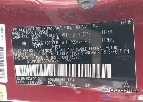 2016 Toyota Sienna Le 7 Passenger/Le 8 Passenger из США, поврежденный, VIN 5TDKK3DC5GS743477